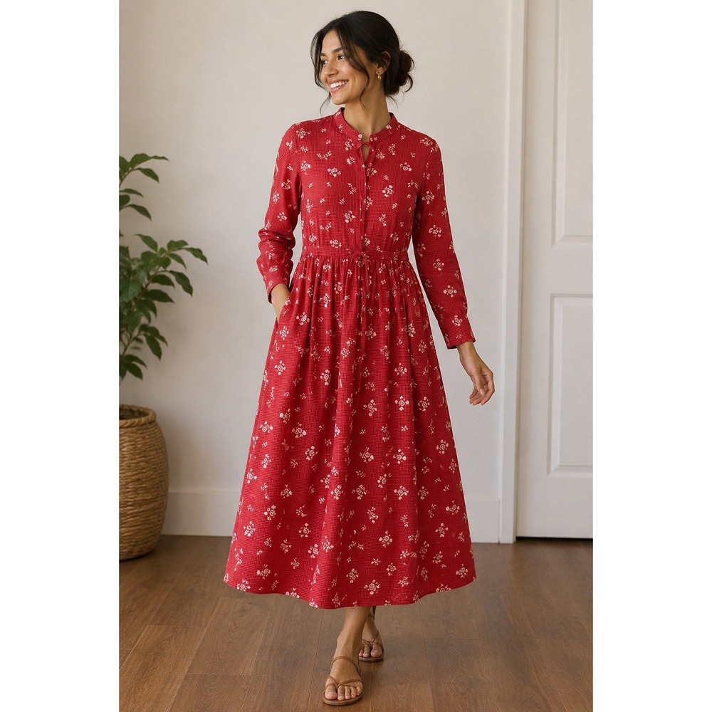DESIGNER NICOBAR  Red Flower Wrap Dress Sz Small 100% COTTON MAXI Dress
